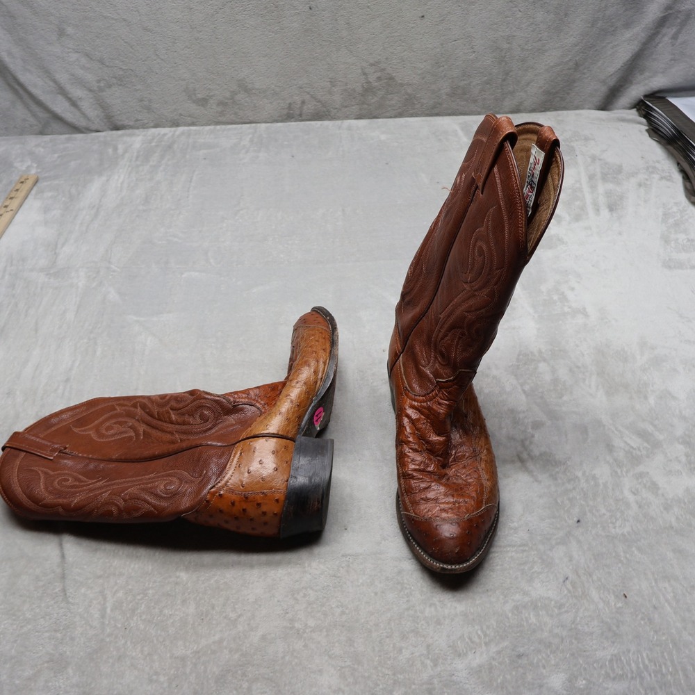 Tony Lama Mens 11D Western Boots Brown Peanut Brittle 4-Piece Ostrich USA CZ906